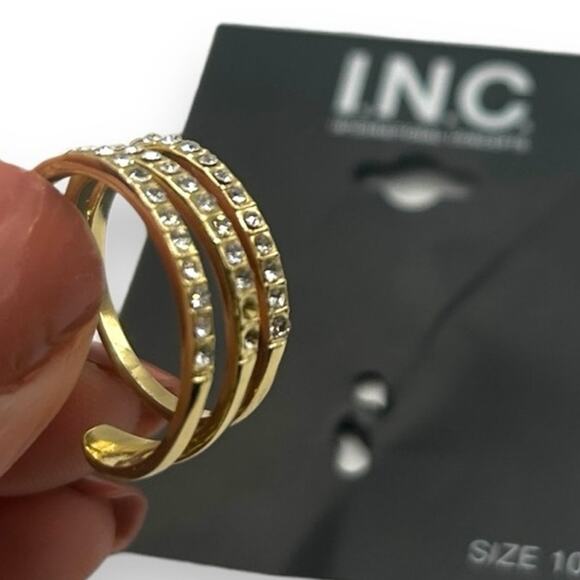 NEW INC Macy's Gold Triple Band Pavé Crystal Statement Ring Size 10 Rhinestone - Picture 8 of 9